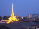 Funeral palace lit up at dusk