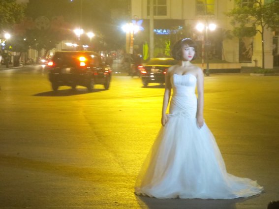 Mid-intersection night time wedding shoot