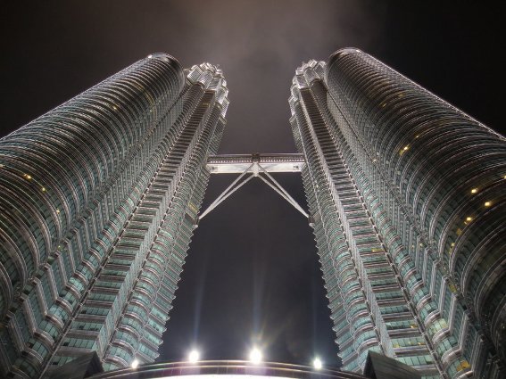 The Petronas twin towers light up at night