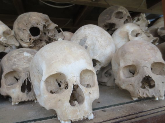 Human skulls from the monument at the killing fields in Cambodia